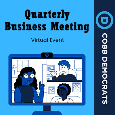 Image of a graphic with a zoom screen advertising the quarterly business meeting that is a virtual event