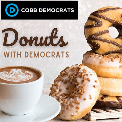 Image of graphic with donuts and coffee showcasing our monthly meeting with donuts