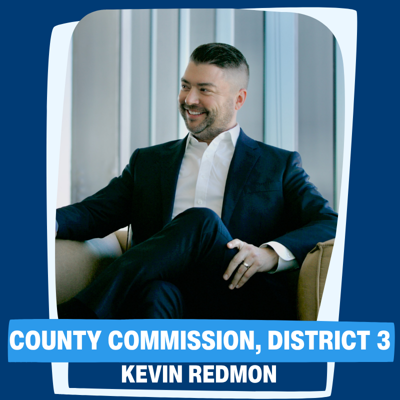 A graphic showing a man sitting in a chair. The wording says County Commisisoner, District 3. Kevin Redmon