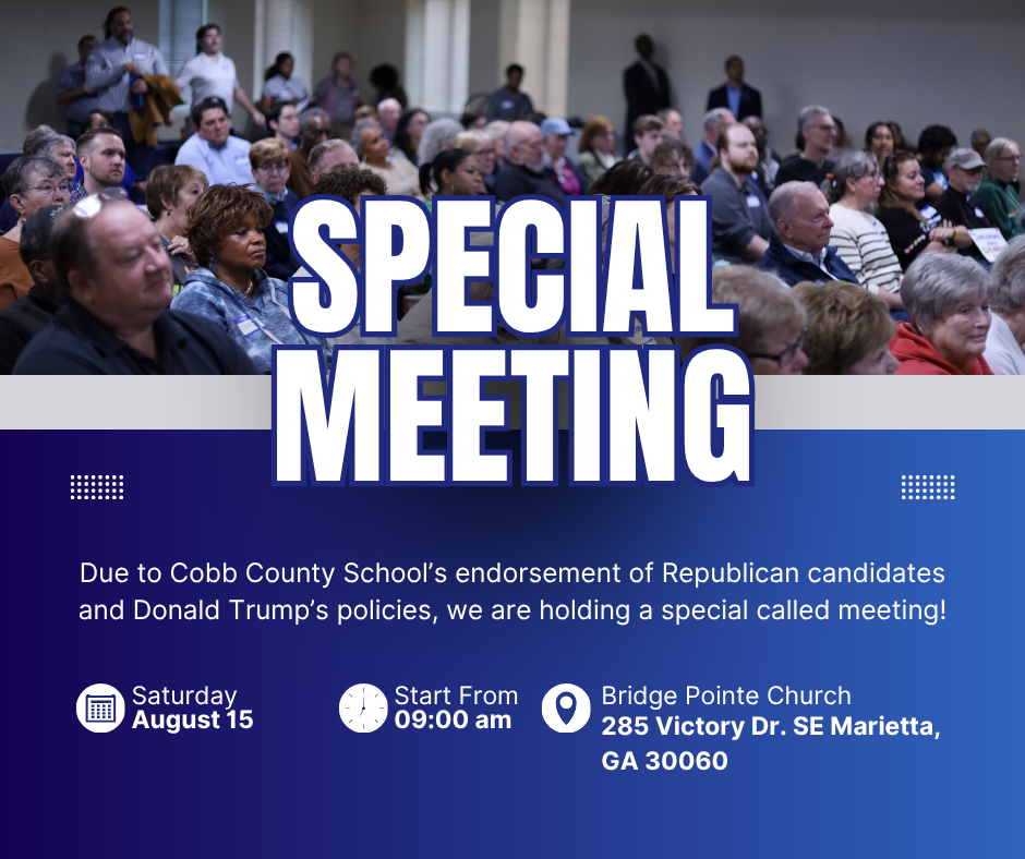 A graphic showing a crowded room of people with the words "Special Meeting" over the top